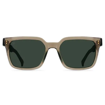 Straight-on view of RAEN West sunglasses featuring a bold square silhouette, keyhole bridge, and green polarized lenses.