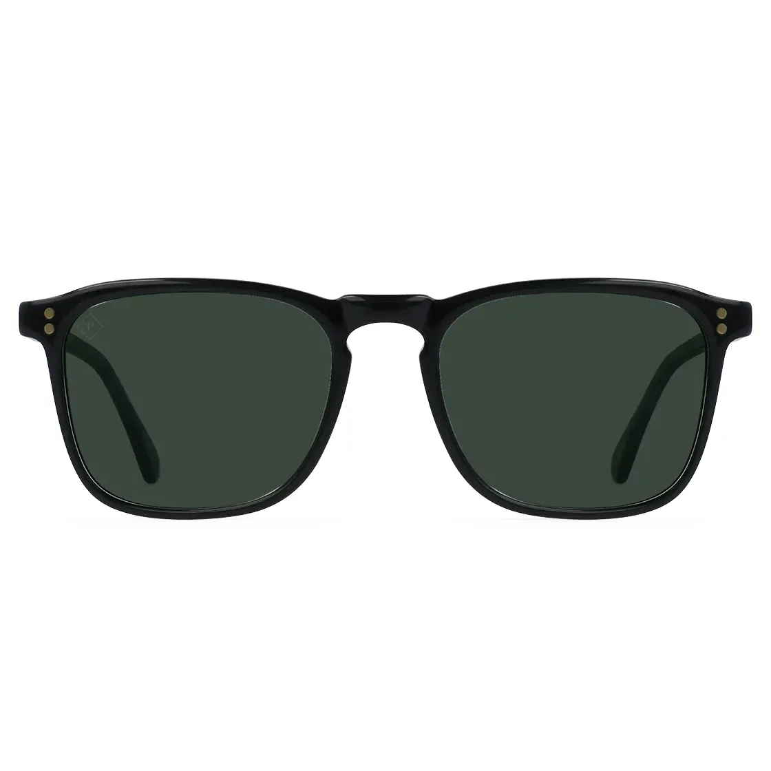 Front view of RAEN Wiley sunglasses featuring a square silhouette, keyhole bridge, and green polarized lenses.