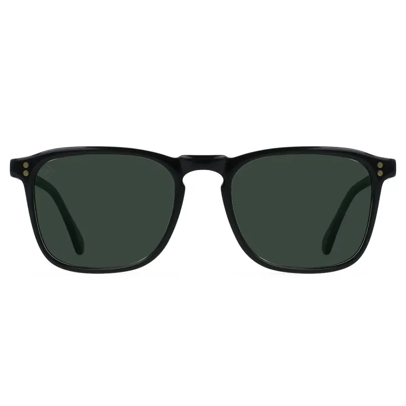 Front view of RAEN Wiley sunglasses featuring a square silhouette, keyhole bridge, and green polarized lenses.