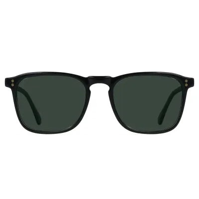 Front view of RAEN Wiley sunglasses featuring a square silhouette, keyhole bridge, and green polarized lenses.
