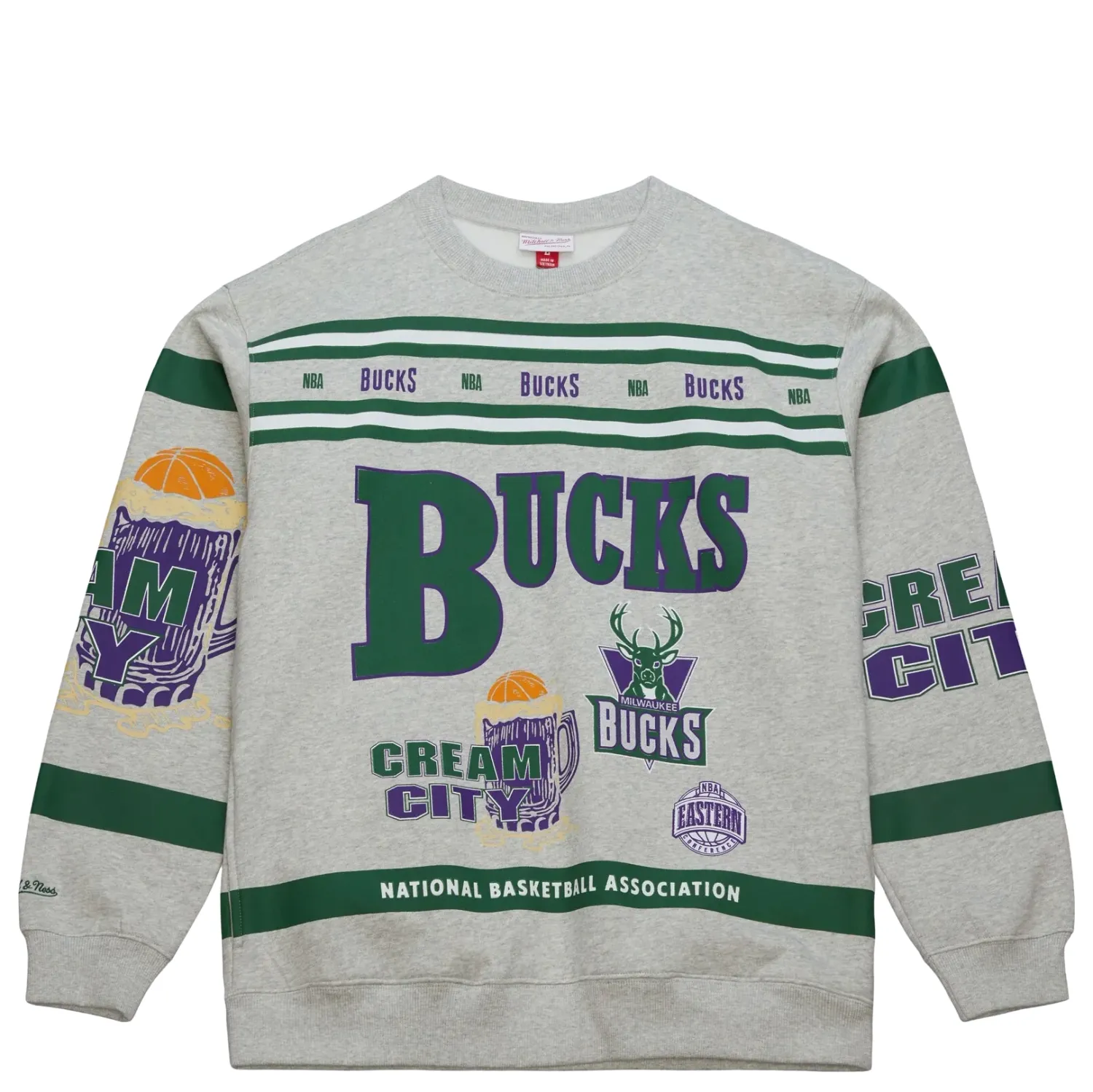 MITCHELL &amp; NESS MILWAUKEE BUCKS ALL OVER PRINT CREWNECK SWEATSHIRT    