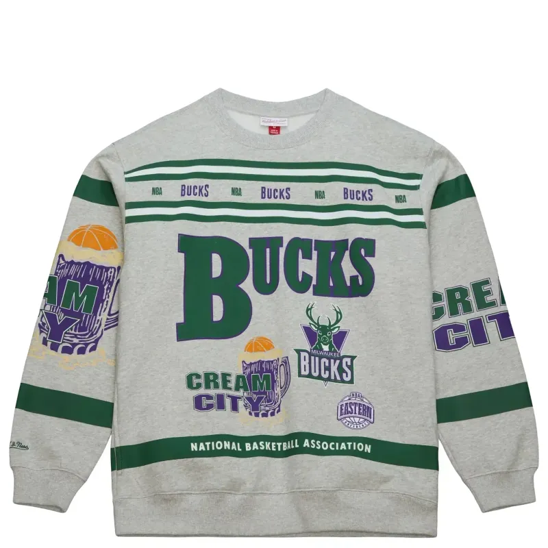 MITCHELL &amp; NESS MILWAUKEE BUCKS ALL OVER PRINT CREWNECK SWEATSHIRT   