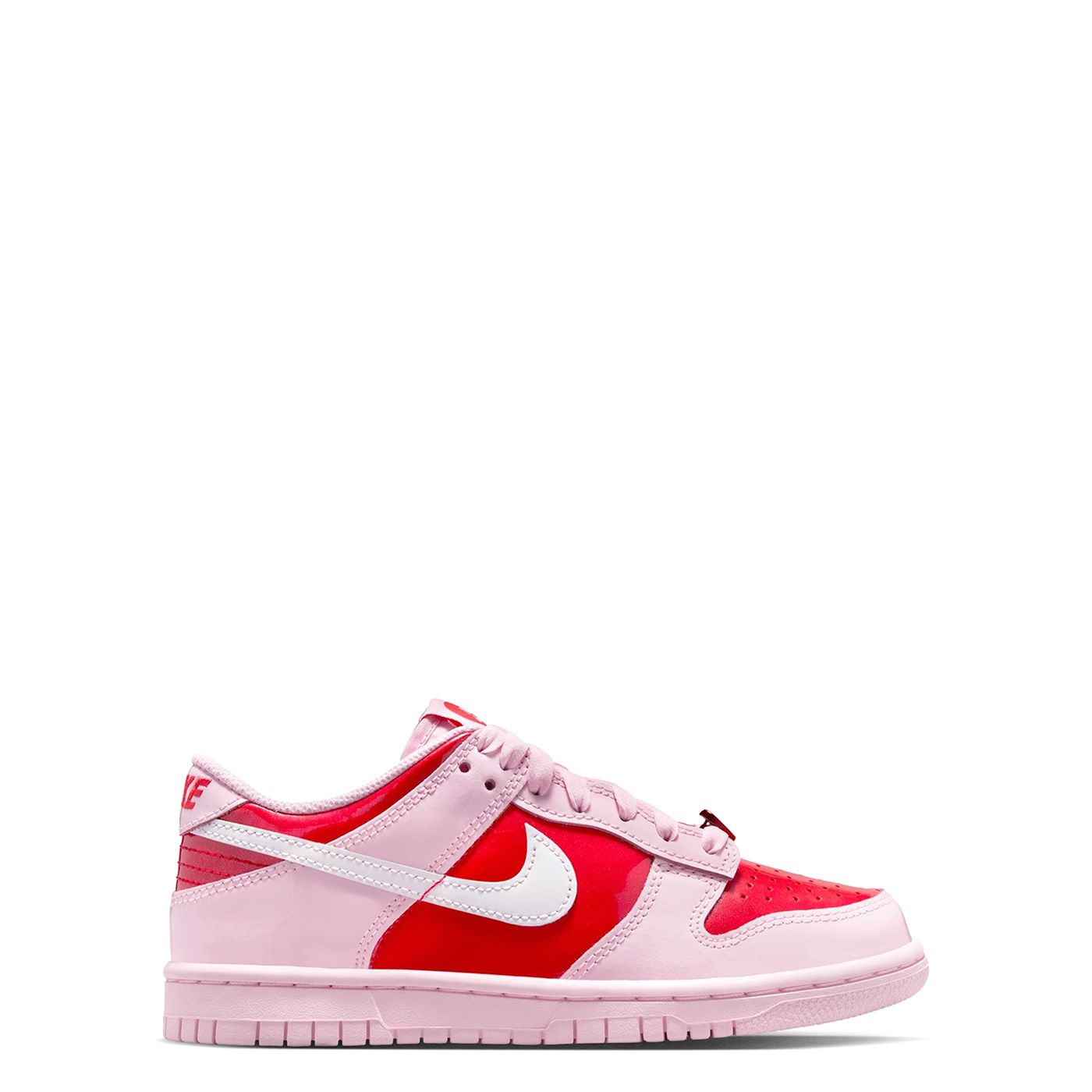 Lateral side view of Nike Dunk Low GS Pink Foam with Summit White Swoosh and layered paneling.