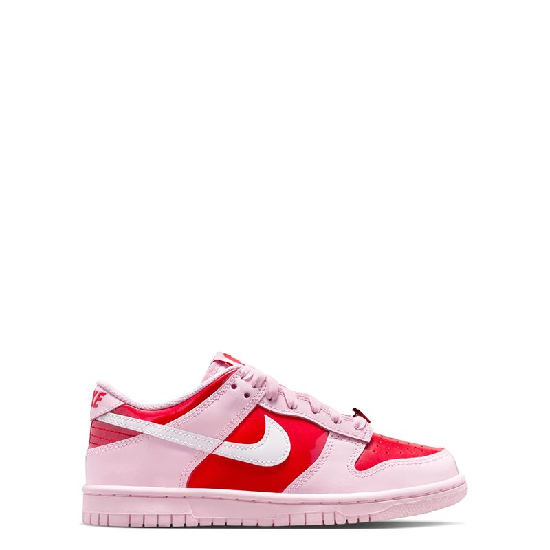 Lateral side view of Nike Dunk Low GS Pink Foam with Summit White Swoosh and layered paneling.