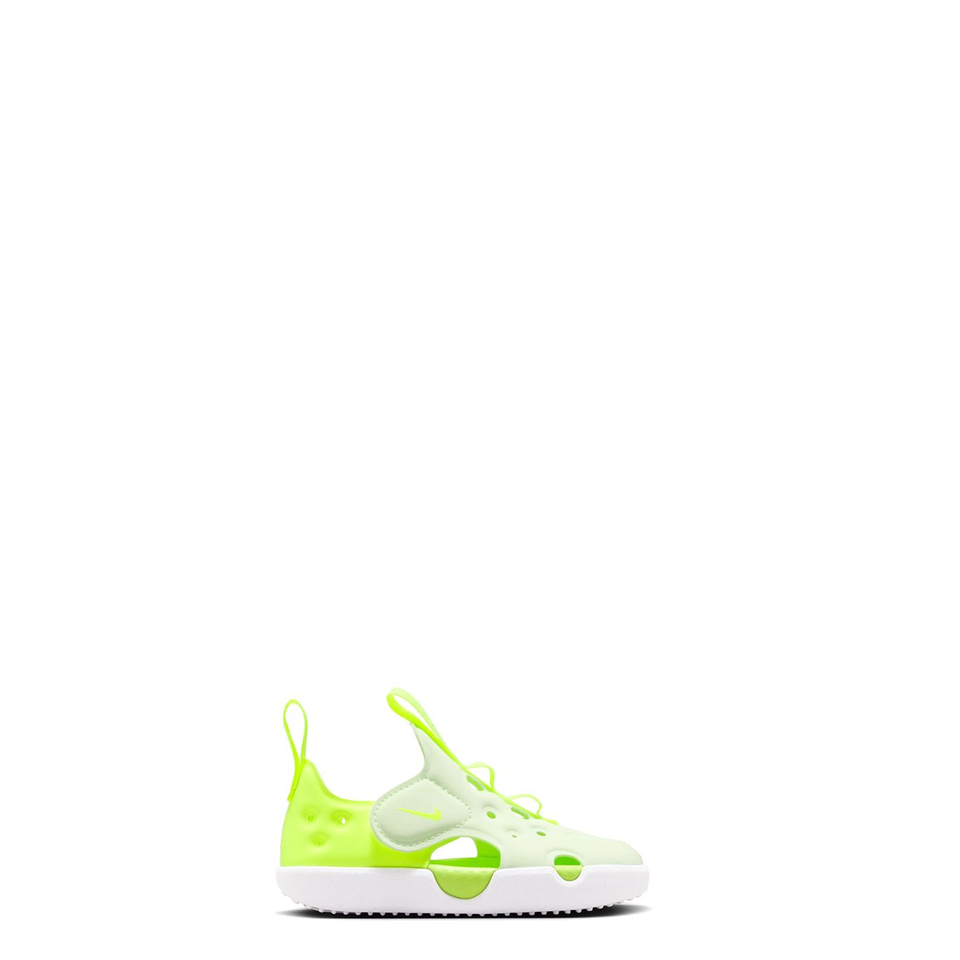 Lateral view of Nike Sunray Protect 4 in Volt Tint featuring cutout sides and cushioned foam midsole.