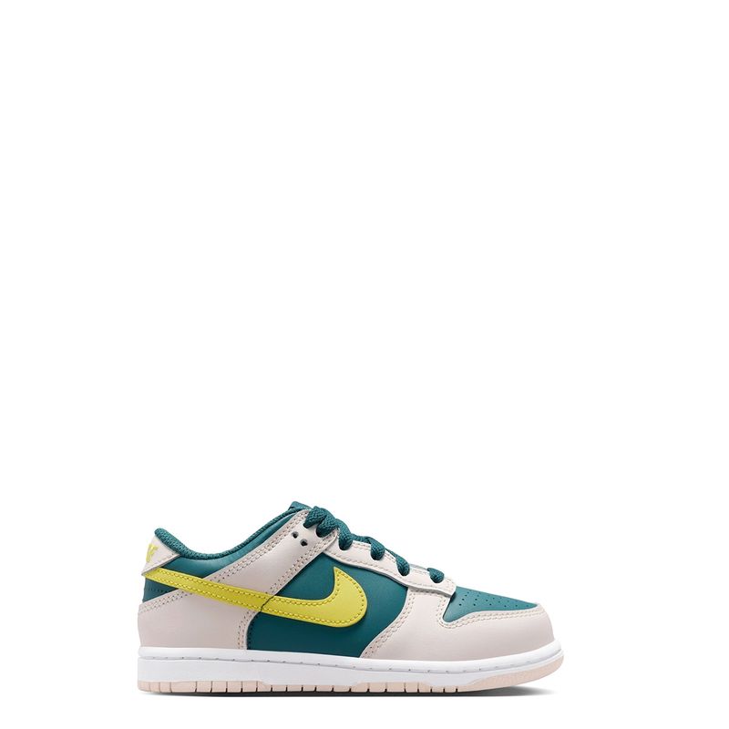 Lateral side view of Nike Dunk Low PS with Sonic Yellow Swoosh and teal upper.