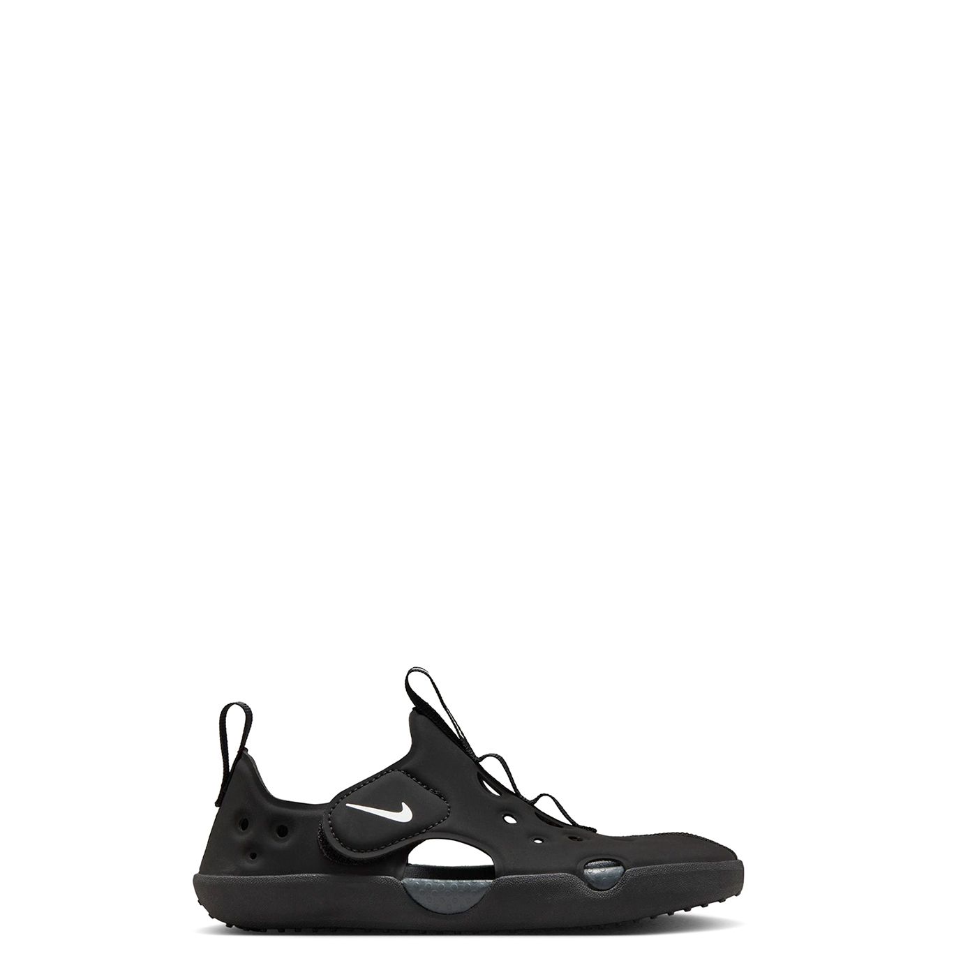 Lateral side view of Nike Sunray Protect 4 kids sandal with Swoosh logo and cutout design.