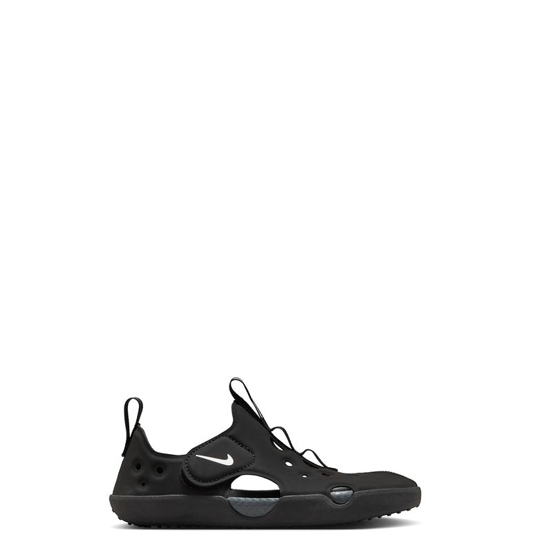 Lateral side view of Nike Sunray Protect 4 kids sandal with Swoosh logo and cutout design.