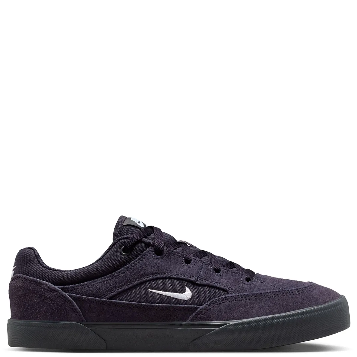 Side view of Nike SB Malor in Blueprint and Off Noir showing suede panels and vulcanized sole.