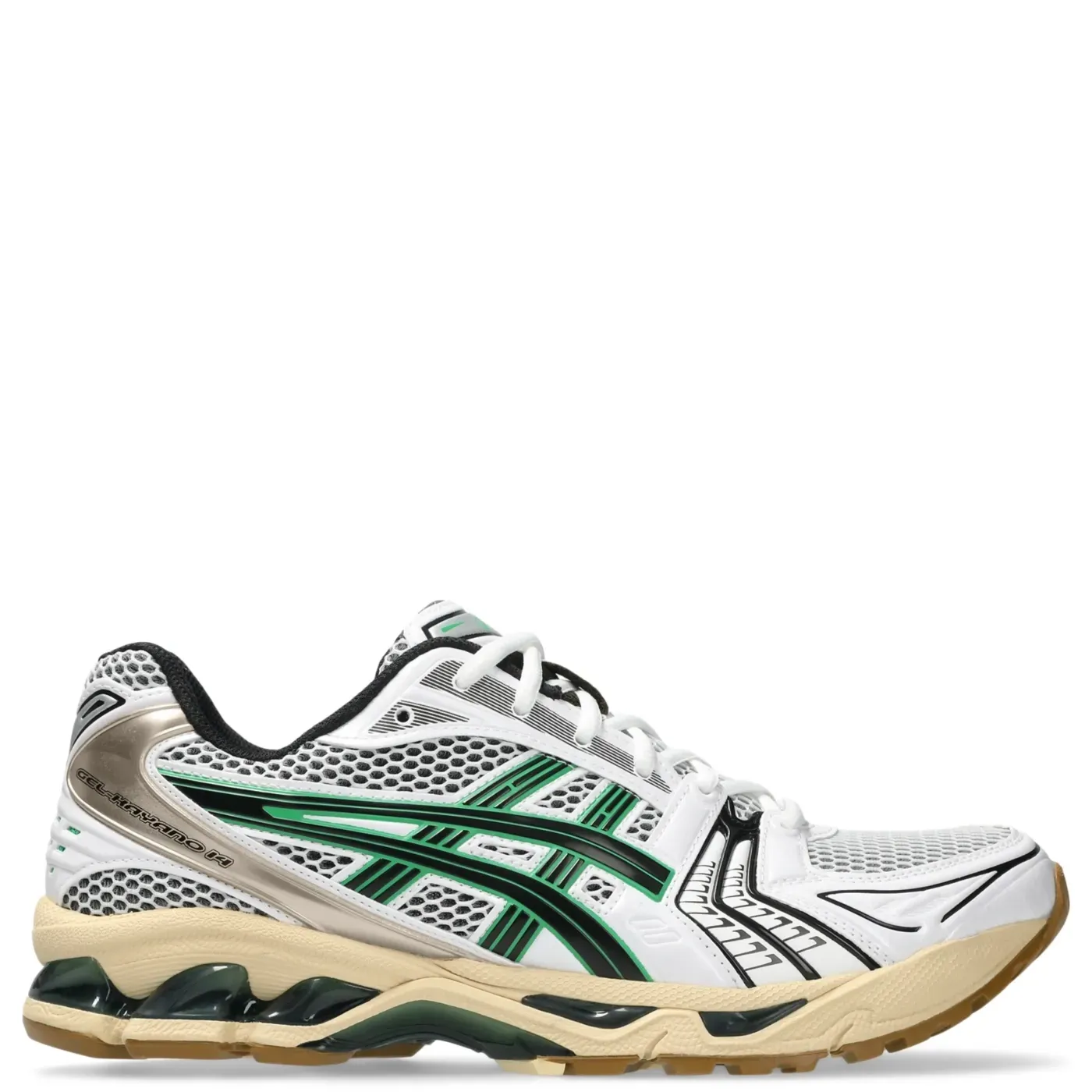 Lateral side view of ASICS GEL-KAYANO 14 with green ASICS stripes and supportive midsole design.