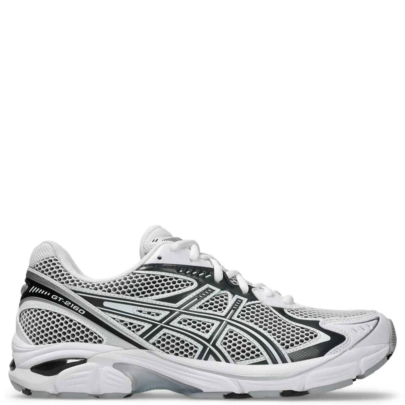 Outer side view of ASICS GT-2160 sneaker in white and graphite grey with retro ASICS branding.