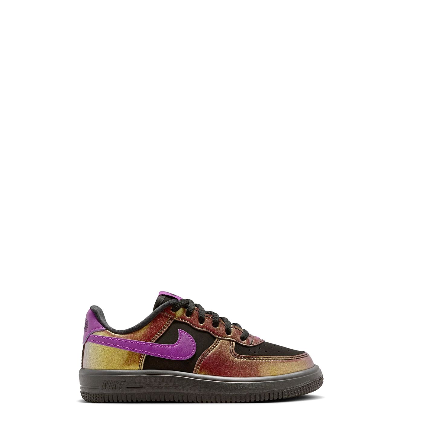 Lateral side view of Nike Force 1 Low LV8 PS with Bold Berry Swoosh and black midsole.