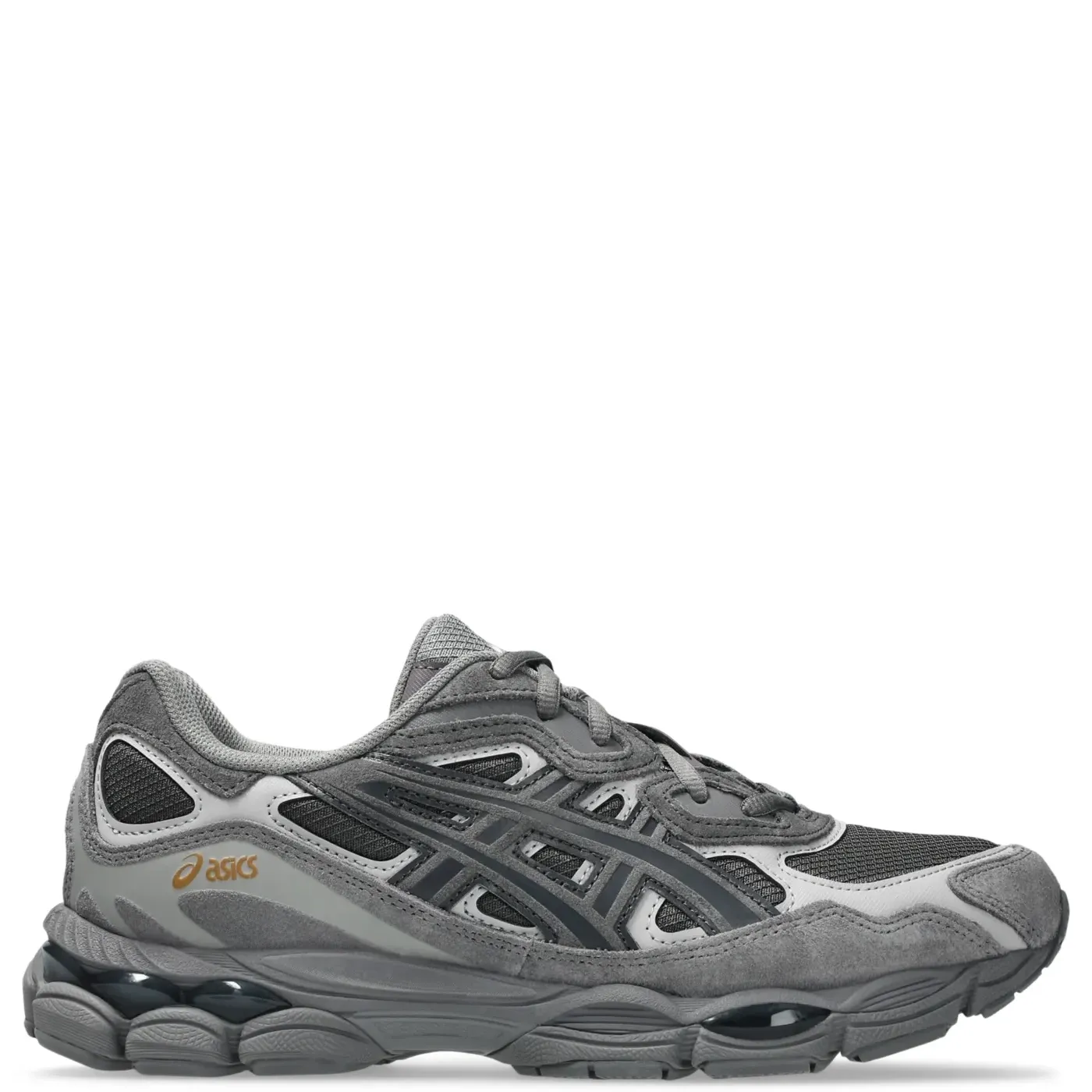 Lateral side view of ASICS GEL-NYC Obsidian Grey with signature ASICS stripes and sculpted midsole.