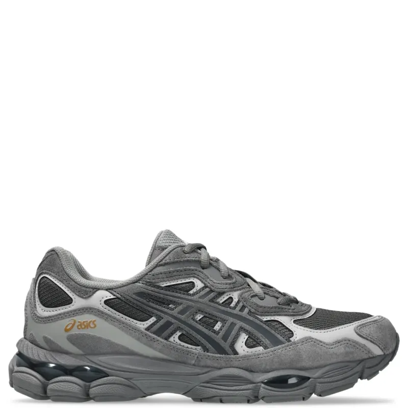 Lateral side view of ASICS GEL-NYC Obsidian Grey with signature ASICS stripes and sculpted midsole.