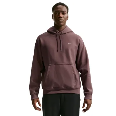 Front view of Nike Solo Swoosh Pullover Hoodie with embroidered white Swoosh logo