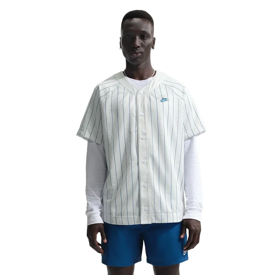 Front view of Nike Club Baseball Jersey with button closure and embroidered chest logo