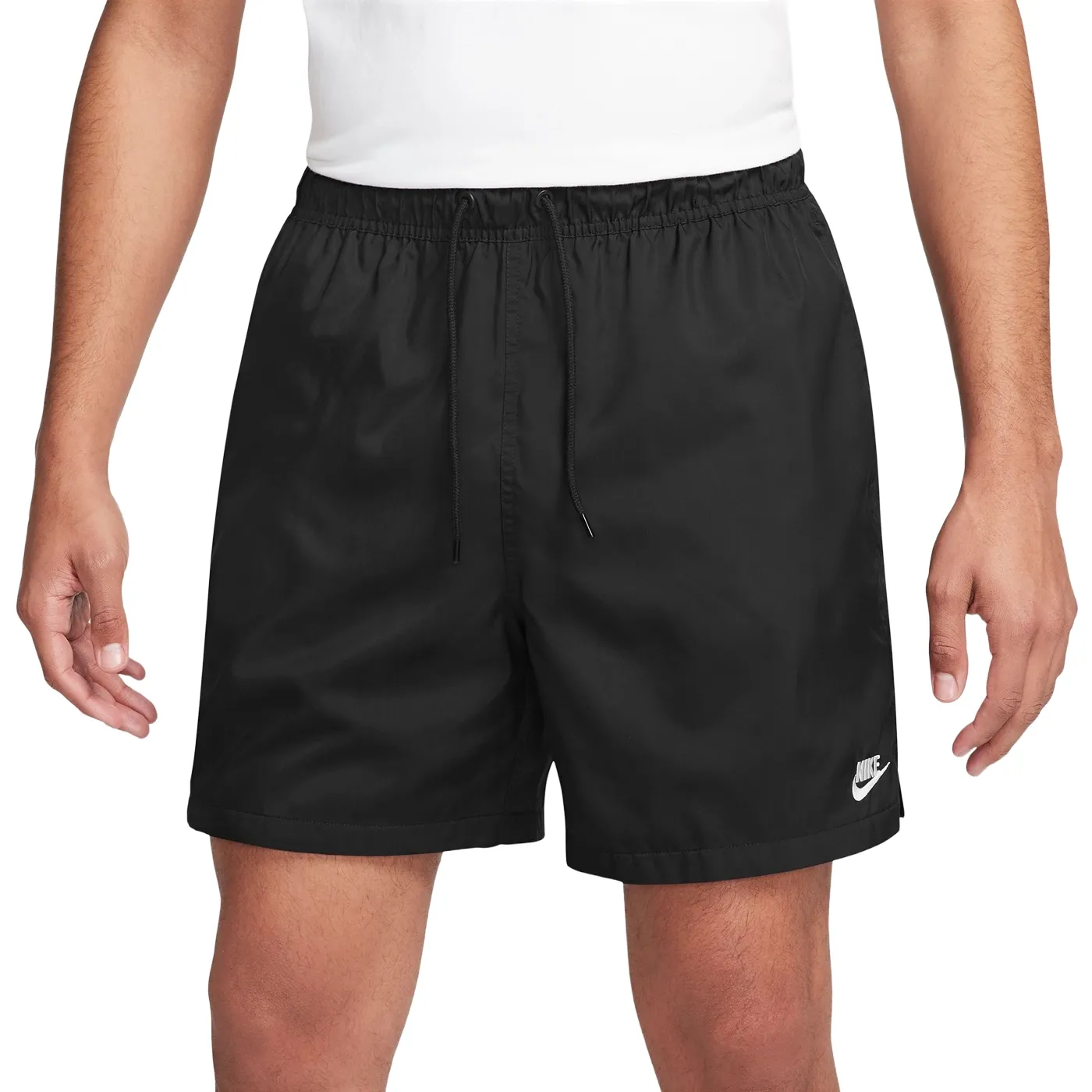 Front view of Nike Club Flow Short in black showing relaxed above-the-knee fit