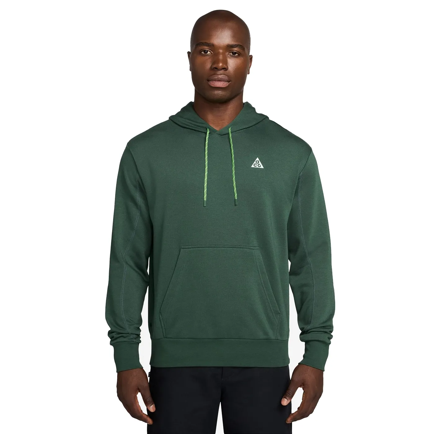 Front view of green Nike ACG hoodie with kangaroo pocket and adjustable hood drawcords