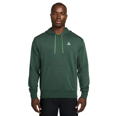 Front view of green Nike ACG hoodie with kangaroo pocket and adjustable hood drawcords