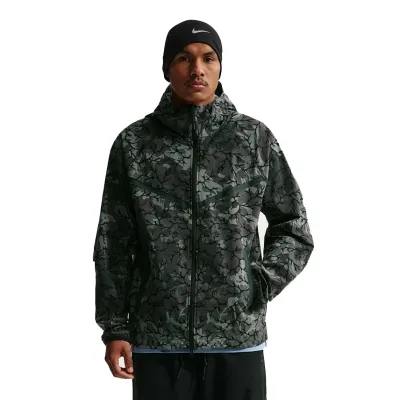 Front close-up of Nike Tech Windrunner jacket highlighting printed fabric and chevron lines