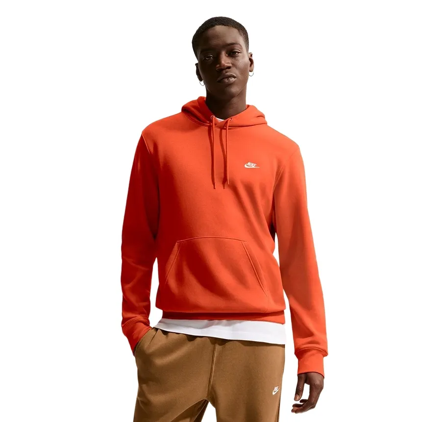 Front view of Nike Club pullover hoodie Cosmic Clay with pouch pocket and logo