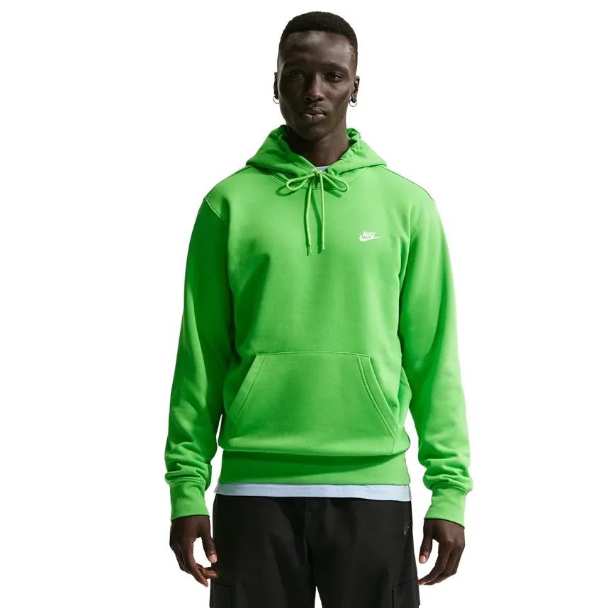 Mean Green Nike Club Pullover Hoodie front view with embroidered Nike logo