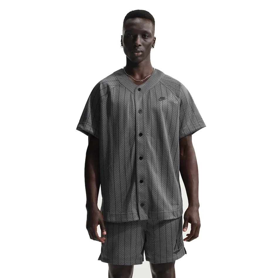 Front view of iron grey Nike baseball jersey with button closure and pinstripes