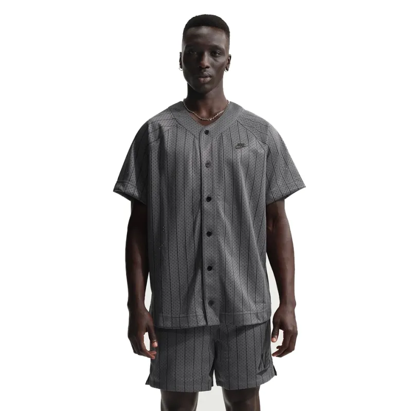 Front view of iron grey Nike baseball jersey with button closure and pinstripes