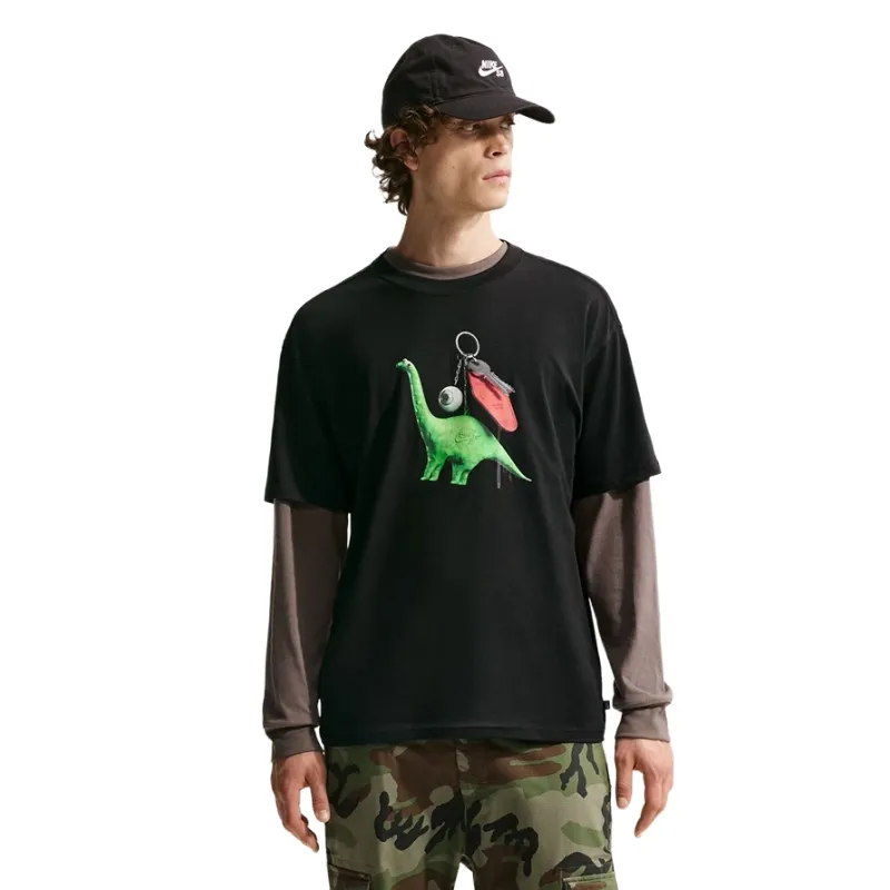 Front view of black Nike SB t-shirt featuring dinosaur keychain graphic