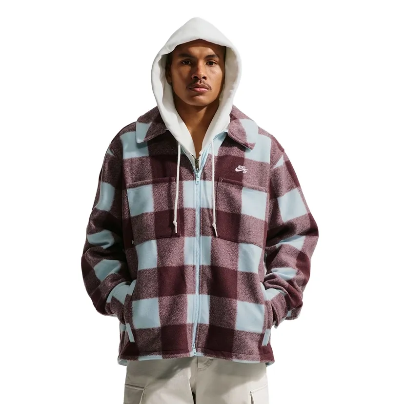 Front view of checkered Nike SB shirt jacket with zip closure