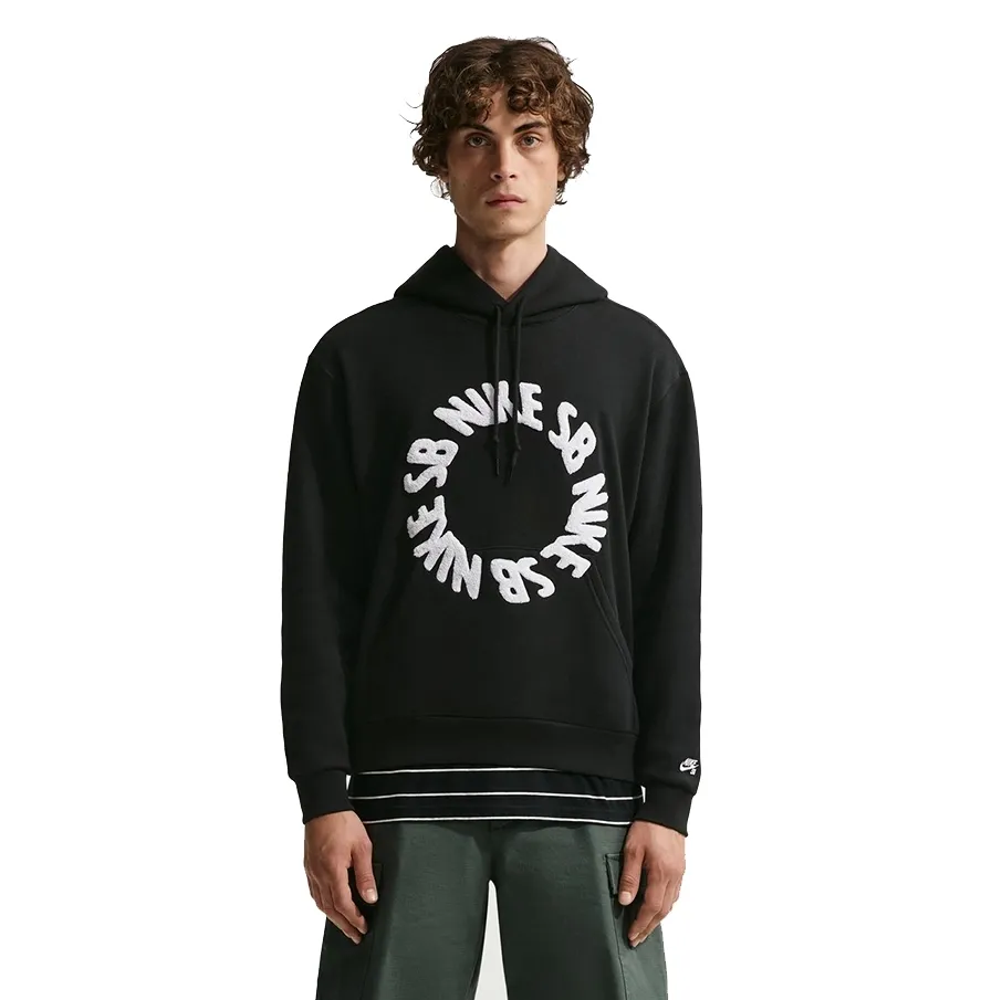 Front view of black Nike SB hoodie with chenille rolling logo