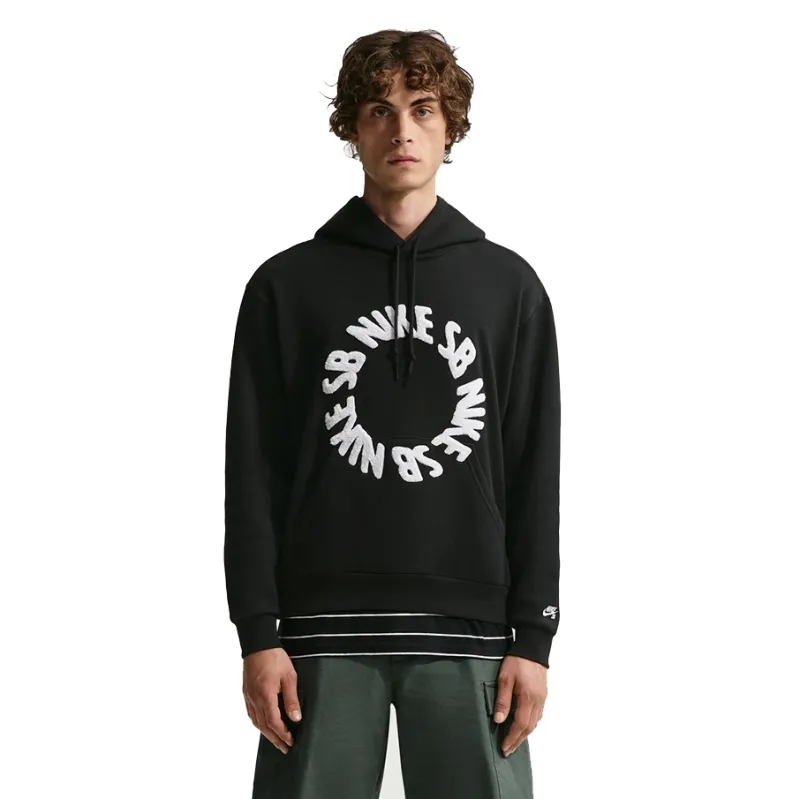 Front view of black Nike SB hoodie with chenille rolling logo
