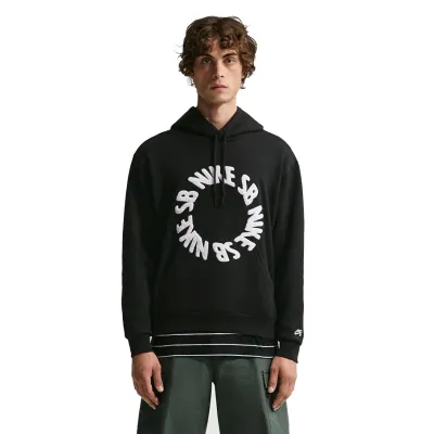 Front view of black Nike SB hoodie with chenille rolling logo