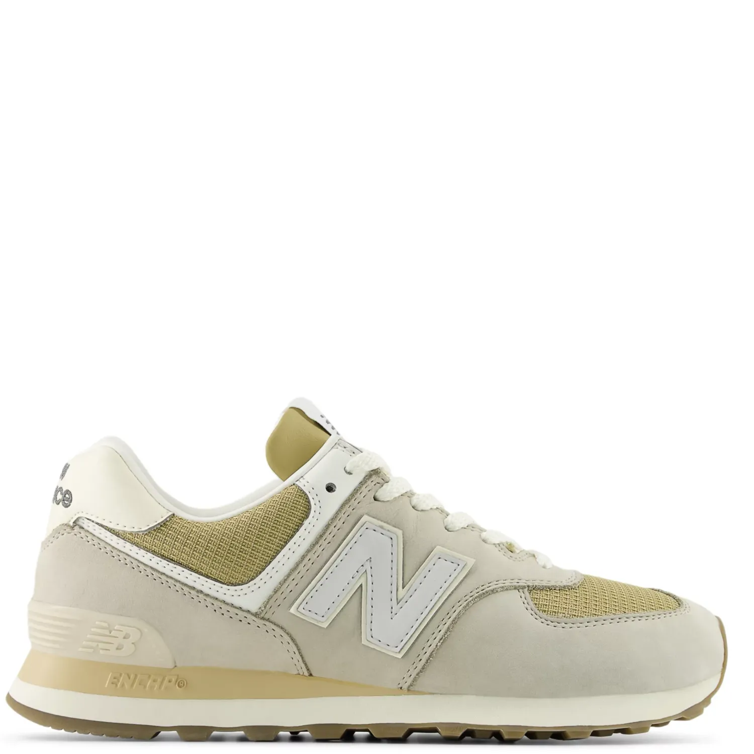 Lateral side view of New Balance 574 in shipyard and dark silver metallic