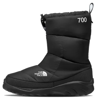 Side view of Nuptse Traction Bootie in black with TNF branding