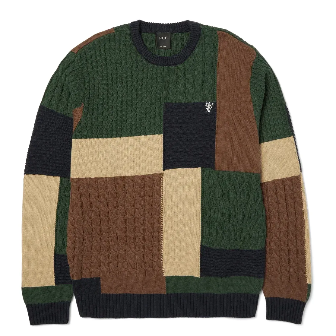 Front view of HUF Columbia Cable Knit Sweater with multicolor patchwork design