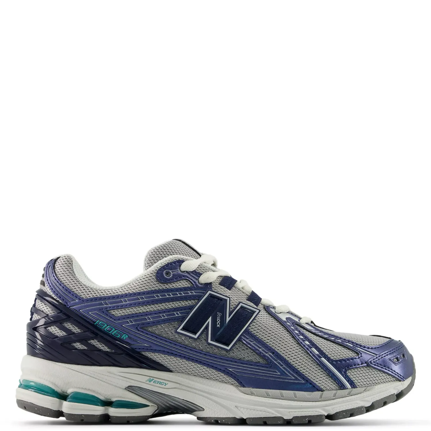 Side view of New Balance 1906R sneaker in navy, raincloud grey, and faded teal