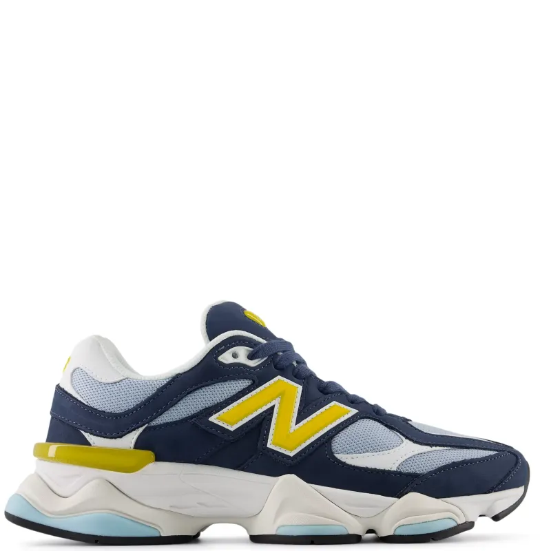 Side profile view of New Balance 9060 Vintage Indigo Apollo Gold sneaker