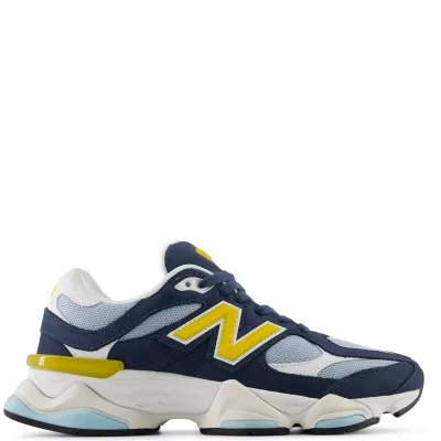 Side profile view of New Balance 9060 Vintage Indigo Apollo Gold sneaker