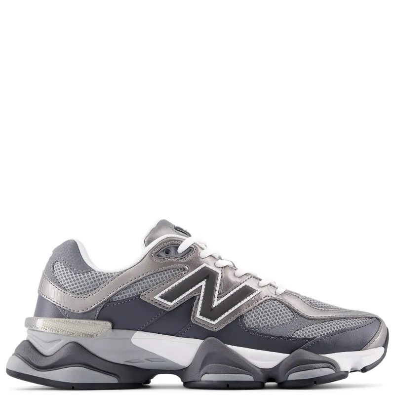 Side profile of New Balance 9060 sneaker in Magnet and Faded Black with sculpted midsole