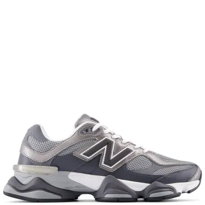 Side profile of New Balance 9060 sneaker in Magnet and Faded Black with sculpted midsole