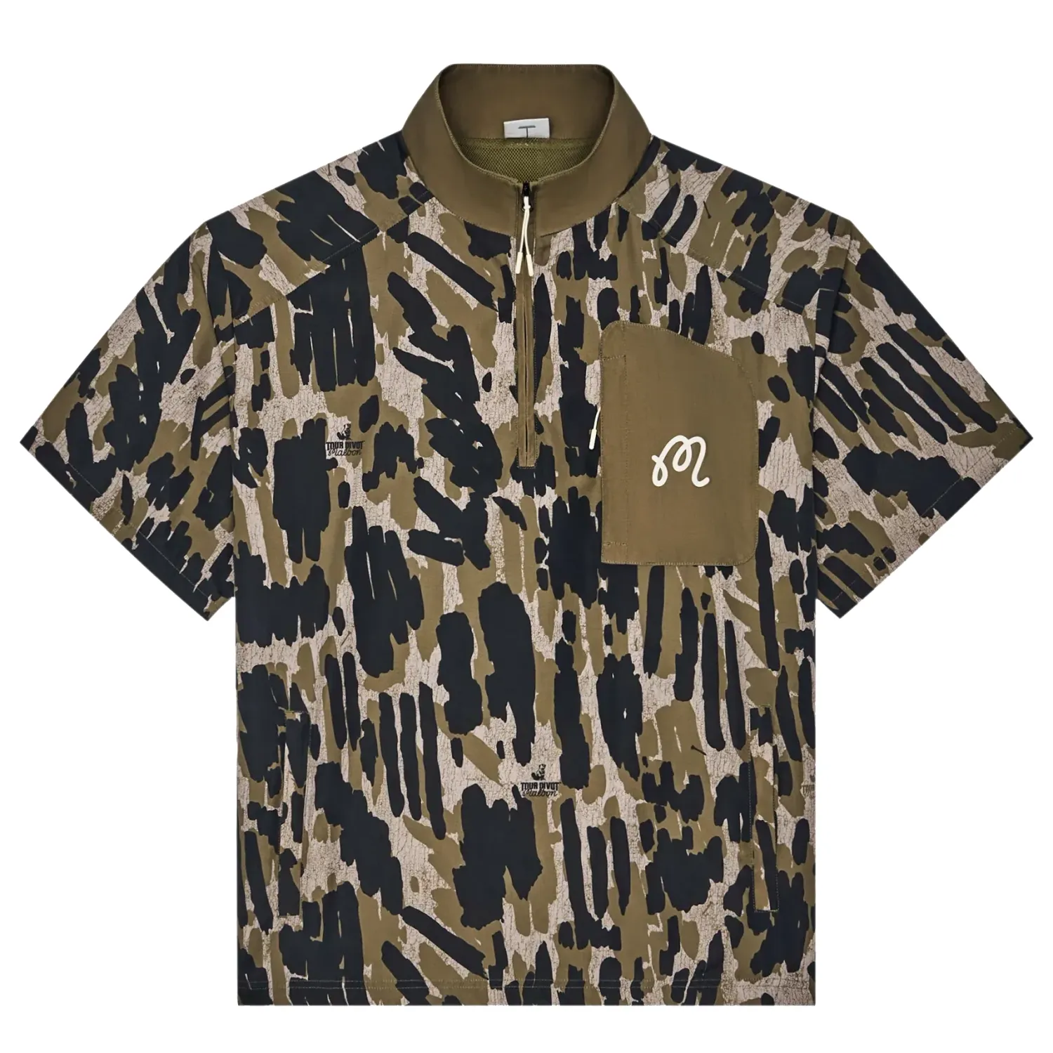 Flat lay of Malbon Golf Tour Divot Camo Windshirt in Bark Camo