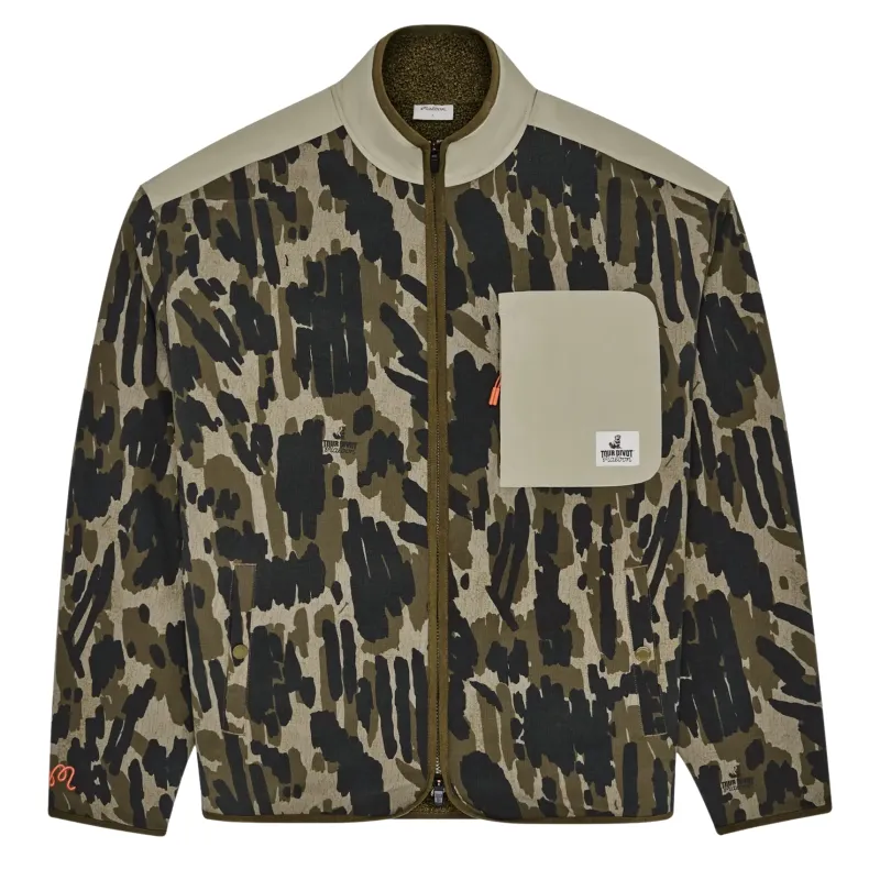 Flat lay of Malbon Tour Divot Camo Sherpa Jacket Bark Camo