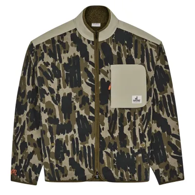 Flat lay of Malbon Tour Divot Camo Sherpa Jacket Bark Camo