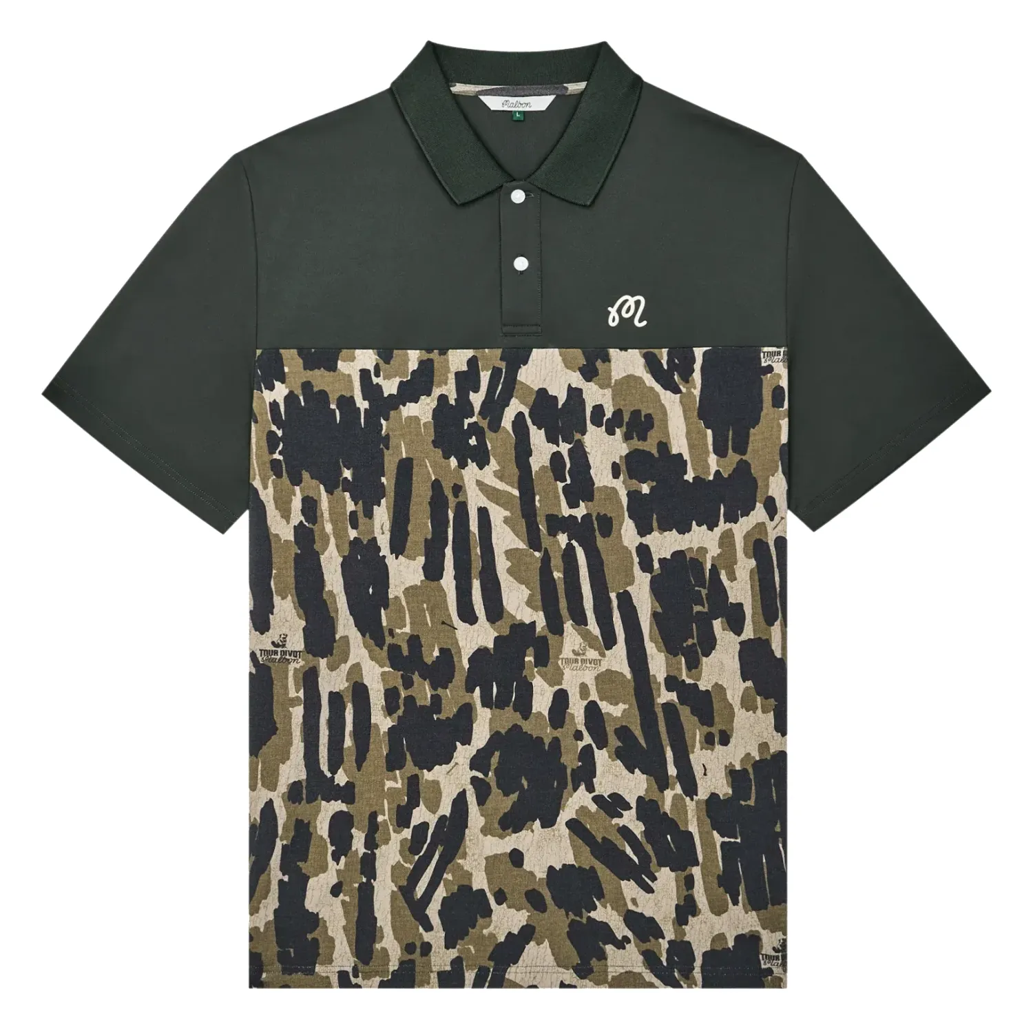 Malbon Golf Tour Divot Camo Polo Bark Camo flat lay front view