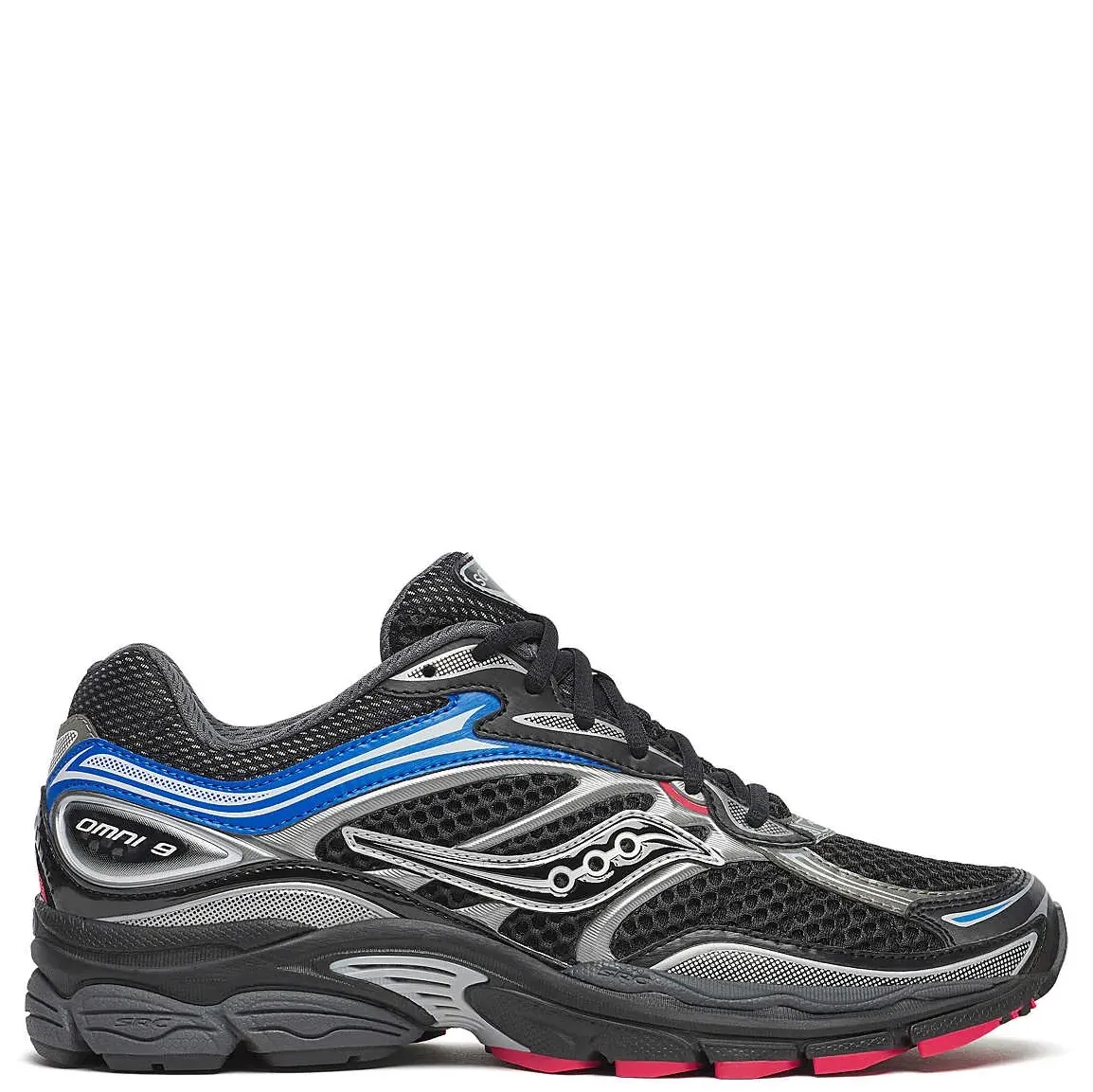 Saucony ProGrid Omni 9 Black Multi side profile showcasing layered mesh and cage overlays