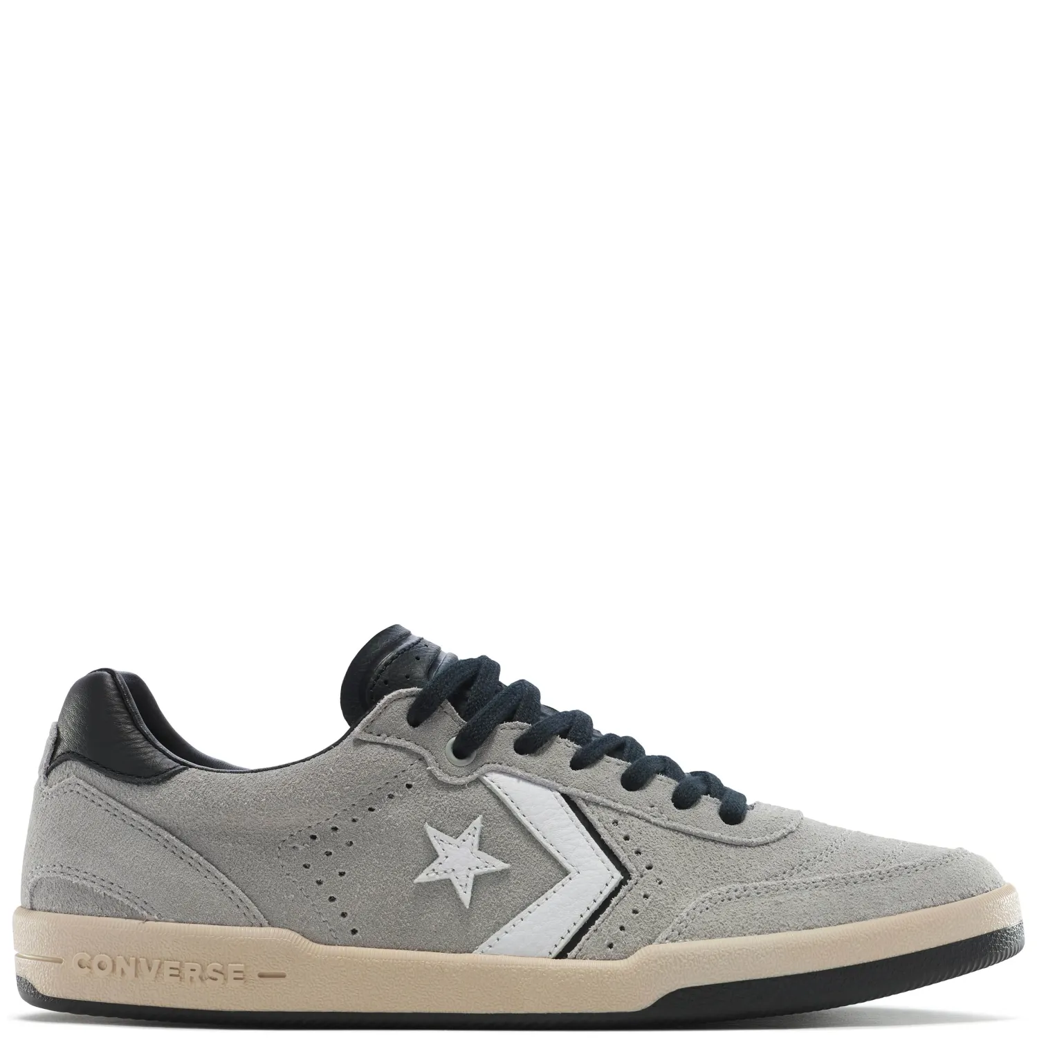 Side view of Converse Louie Lopez Pro 2 suede sneakers in grey with Star Chevron logo