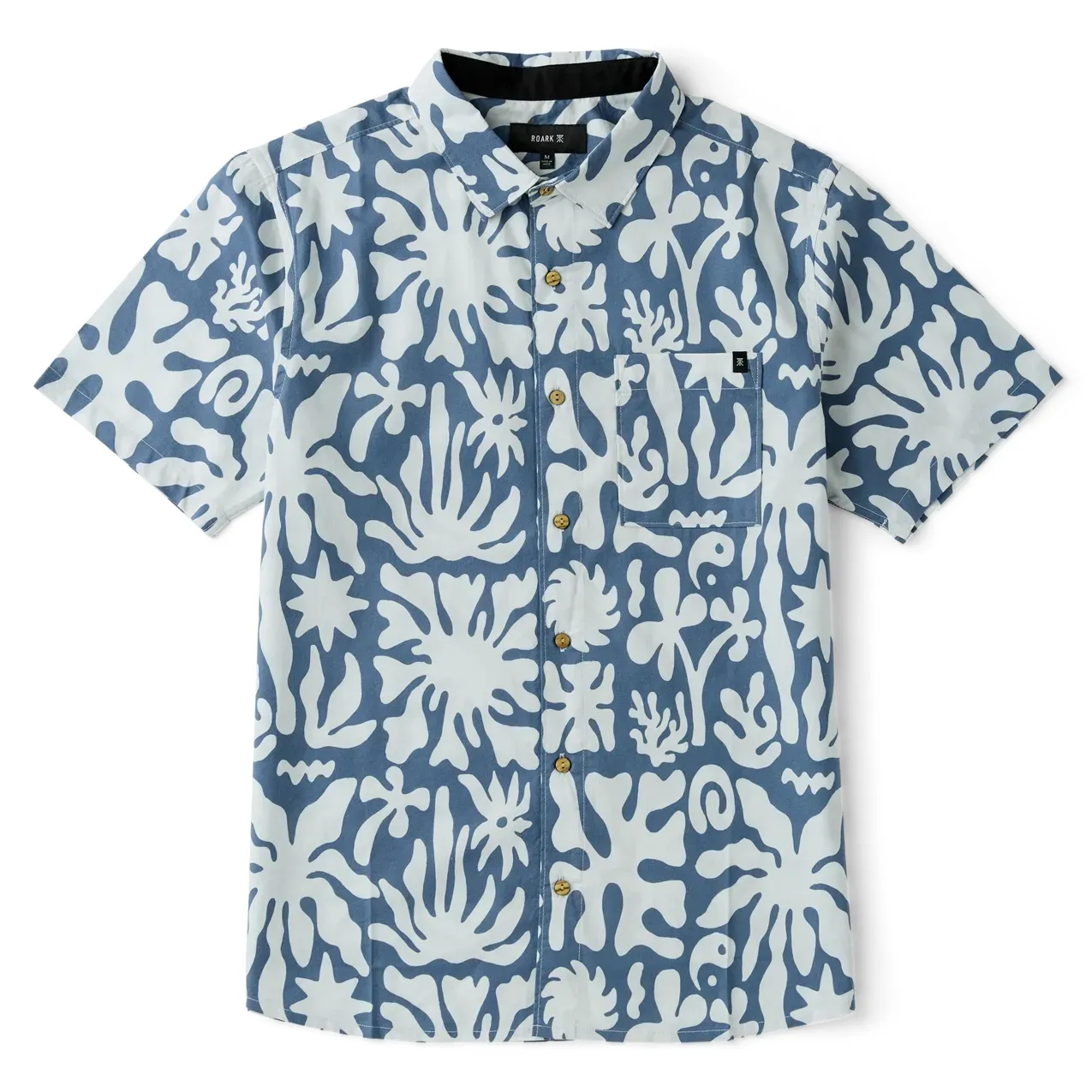 front view of Roark Journey Shirt in Neptune blue with bold white abstract tropical print.