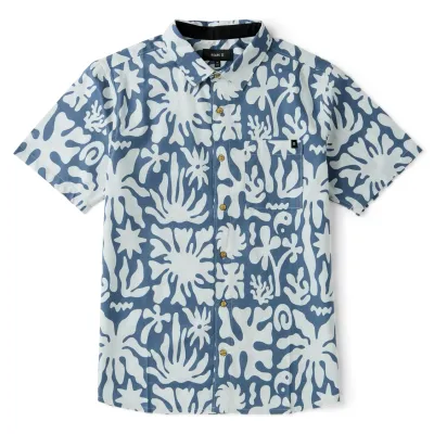 ROARK JOURNEY SHORT SLEEVE BUTTON UP SHIRT front view of Roark Journey Shirt in Neptune blue with bold white abstract tropical print.