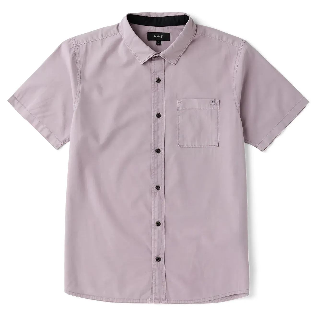 Flat lay front view of Dusty Lilac Roark short sleeve shirt with chest pocket and classic button front styling.